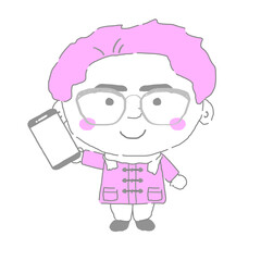 スマホを持つ若い男性　シンプルカラー