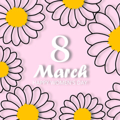 Postcard March 8 with daisies in pastel pink colors. Happy Women's day, modern design. Floral festive spring poster in paper cut style. Vector