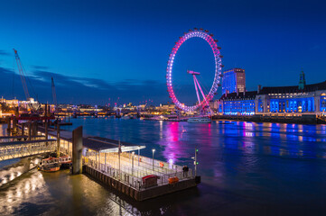 Blue hour on river Thames with modern buildings, London, United Kingdom