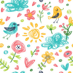 Cute and gentle seamless pattern of birds and clouds in lovely color in vector. Sweet illustration, can be used for creating card, invitation card for wedding, wallpaper and textile.