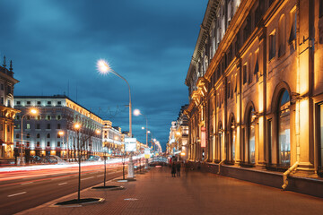 Fototapeta na wymiar Minsk, Belarus. Traffic On Independence Avenue In Evening Night Illuminations.
