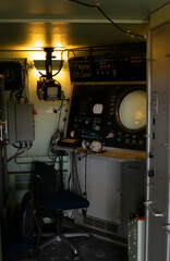 Control room of a mobile radar unit used for local air defense and surveillance operations.