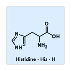 Histidine - His - H - Essential Amino Acid molecular formula, flat chemical structure on blue background for chemistry and biology education.