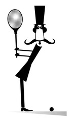 Gentleman plays tennis isolated illustration. Mustache man in the top hat plays tennis black on white