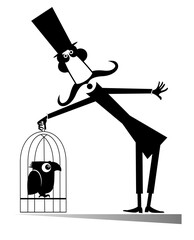 Mustache man in the top hat holds a cage with a bird isolated illustration. Cartoon long mustache man in the top hat holds a cage with parrot black on white illustration