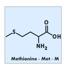 Methionine - Met - M - Essential Amino Acid molecular formula, flat chemical structure on blue background for chemistry and biology education.