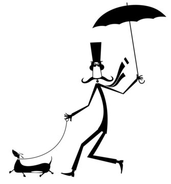 Mustache man in the top hat walking with a dog and umbrella black on white illustration	
