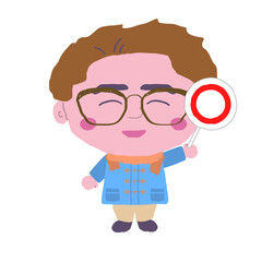 丸札を持つ若い男性