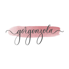 Gorgonzola lettering logo. Inscription for packing cheese. Calligraphic handmade lettering with watercolor smear stain.