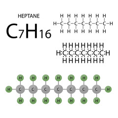 Heptane, organic chemical compound, molecule. Stick model, structural formula, electronic formula and infographic