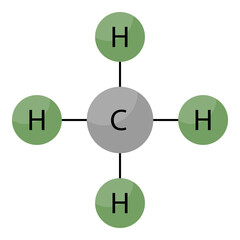 Methane gas molecule. Stick model, structural chemical formula, infographic.