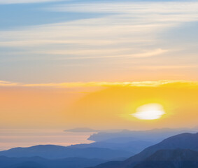 Fototapeta na wymiar view from mountain ridge to sea bay at the early morning, natural sunrise scene