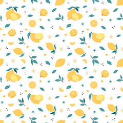 Hand Drawn Citrus background. Lemon Seamless Pattern. Yellow fruit ornament for wallpaper, wrapping paper, textile, menu, food package design and decoration