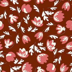 Seamless floral pattern based on traditional folk art ornaments. Modern flowers on color background. Scandinavian style. Sweden nordic style. Vector illustration. Simple minimalistic pattern