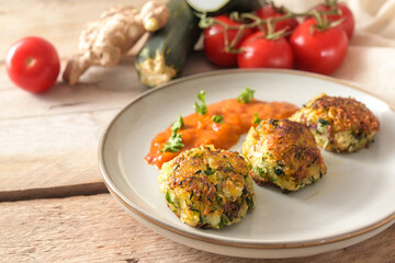 Roasted vegetable balls from zucchini, potato and ginger with tomato sauce and raw ingredients on a rustic wooden table, cooking healthy and vegan, copy space, selected focus