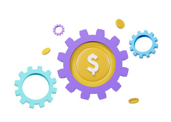 Dollar coins with concept grear.investment finance.on white background cartoon style 3d rendering illustration