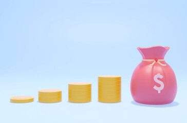 Money and dollar coins stack whith sack bag,saving,investment,bank.on blue background cartoon style 3d rendering illustration