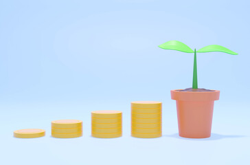 Money and dollar coins stack whith plant pot,saving,investment,bank.on blue background cartoon style 3d rendering illustration