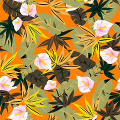 Seamless pattern Exotic wallpaper of tropical flowers green leaves of palm trees and flowers calla , artwork for fabrics, souvenirs, packaging