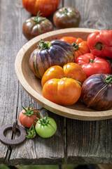 Various types of tomatoes on wooden table in the garden.