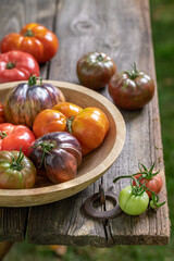 Ripe tomatoes in a wooden bowl in the countryside.