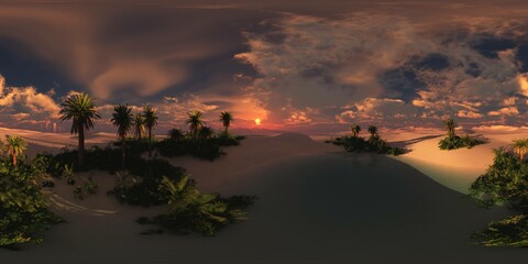 Oasis at sunset in a sandy desert. Environment map. HDRI . equidistant projection. Spherical panorama. panorama 360.
3d rendering
