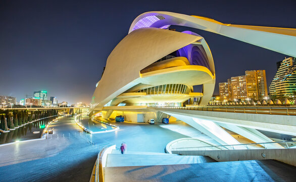 Night view City of Arts and Sciences in Valencia, Palau de les Arts Reina Sofia futuristic building. Spain 2021