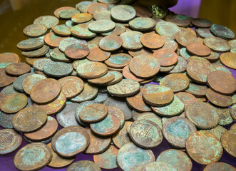 A scattering of copper Russian coins of the 18th century