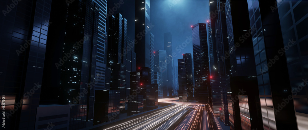Poster 3d rendering of trail lights from highway and light reflection from buildings in mega city at night.