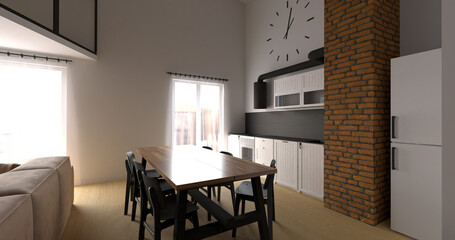 Modern living room with kitchen area. luxury two-level flat design. 3d visualization