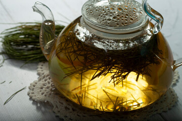 
A glass pot of horsetail tea made from fresh horsetail. Horsetail infusions are used as a diuretic for edema, anti-inflammatory