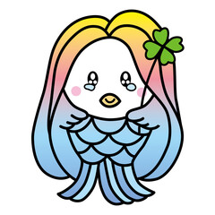 コロナで流行った「アマビエ」のベクターイラスト。
四つ葉のクローバーを持って、涙を浮かべています。