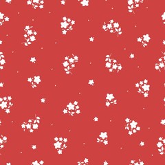 Seamless vintage pattern. Small white flowers and leaves. Red background. vector texture. fashionable print for textiles, wallpaper and packaging.