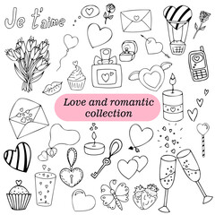 Hand Drawn Doodle Love and Romantic Vector Illustration collection Sketchy Love Icons Large set of icons for Valentine's Day, Mother's Day, wedding, love and romantic events of the Heart of the hand