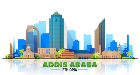 Fototapeta premium Addis Ababa ( Ethiopia ) city skyline with white background. Flat vector illustration. Business travel and tourism concept with modern buildings. Image for banner or website.