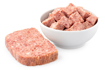 Diced and sliced pork luncheon meat.