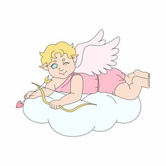 Cartoon cupid on a cloud. Colorful vector illustration for Valentine's Day. Amor isolated on white