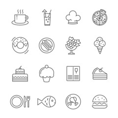 Food restaurant line icon menu vector cook lunch drink pizza burger. Chicken plate flat dish wine