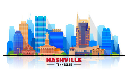 Fototapeta premium Nashville Tennessee skyline with panorama at white background. Vector Illustration. Business travel and tourism concept with modern buildings. Image for banner or website.