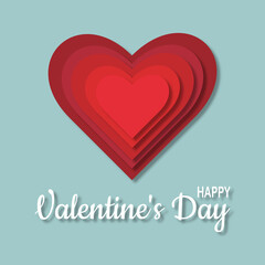 Greeting romantic card with one big red heart consisting of small hearts on a blue background in paper cut style. Valentine's day modern poster design.