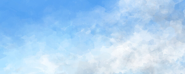 Vector watercolor art background with white clouds and blue sky. Hand drawn vector texture. Heaven. Pastel color watercolour banner. Template for flyers, cards, poster, cover.