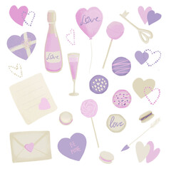 Set of Valentine's Day illustrations in pink purple with candy, heart, love letters