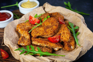 Fried chicken fillet with sauce and mustard. Crispy spicy fried chicken