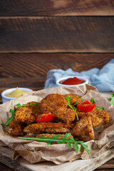 Fried chicken fillet with sauce and mustard. Crispy spicy fried chicken