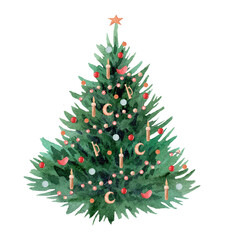 Watercolor Christmas tree with toys, garlands. Illustration isolated on white 