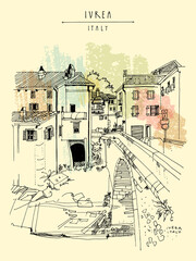 Vector Ivrea, Italy, Europe touristic postcard. A town in the Piedmont region of northwestern Italy. Beautiful old buildings and bridge. Travel sketch. Artistic hand drawn vintage book illustration