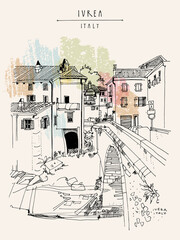 Vector Ivrea, Italy, Europe touristic postcard. A town in the Piedmont region of northwestern Italy. Beautiful old buildings and bridge. Travel sketch. Artistic hand drawn vintage book illustration