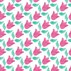 Seamless pattern with hand-drawn watercolor abstract pink flowers with green leaves on white. Abstract background. Organic, natural, freshness concept for textile, print, etc.