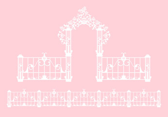 romantic arch with rose flowers decor and fence border for wedding ceremony - vector silhouette design for invitation or greeting card