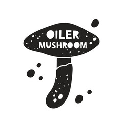 Oiler mushroom grunge sticker. Black texture silhouette with lettering inside. Imitation of stamp, print with scuffs. Hand drawn isolated illustration on white background